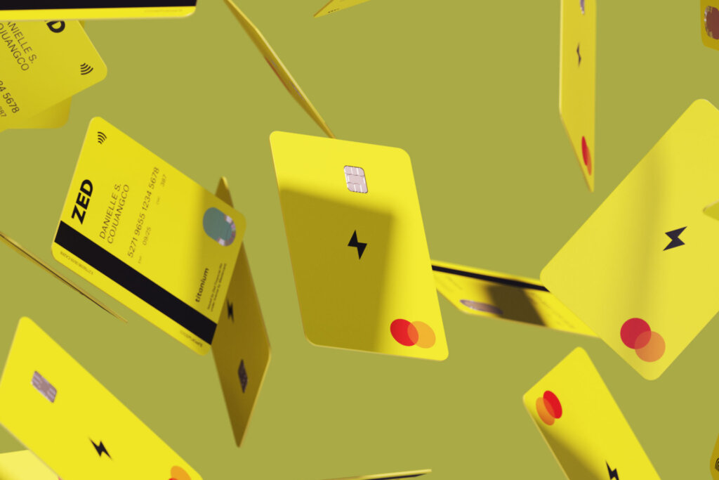Gabby Lord's Zed design showcased on falling yellow credit cards