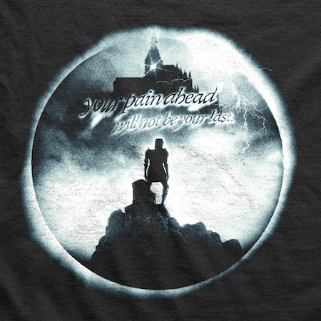 Silhouette Of A Knight Standing Over A Promontory Surrounded By Clouds printed on a t-shirt